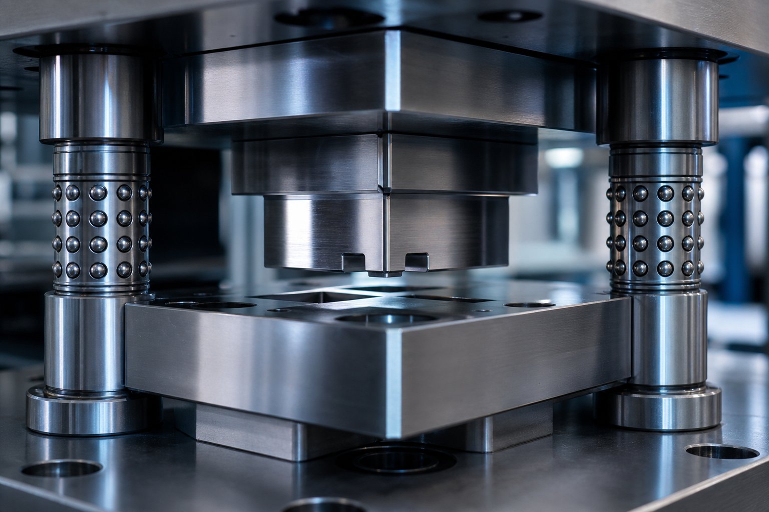 info-1-1 precision stamping die assembly showing polished punch and die block with ball bearing guide posts for micron level alignment