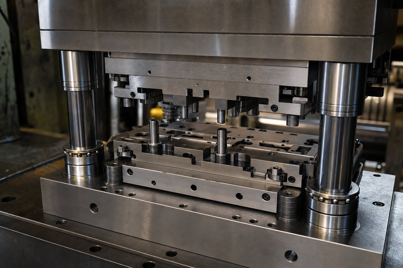 info-1-1 servo press with precision die showing ball bearing guide posts and pilot pin alignment system for tight tolerance stamping