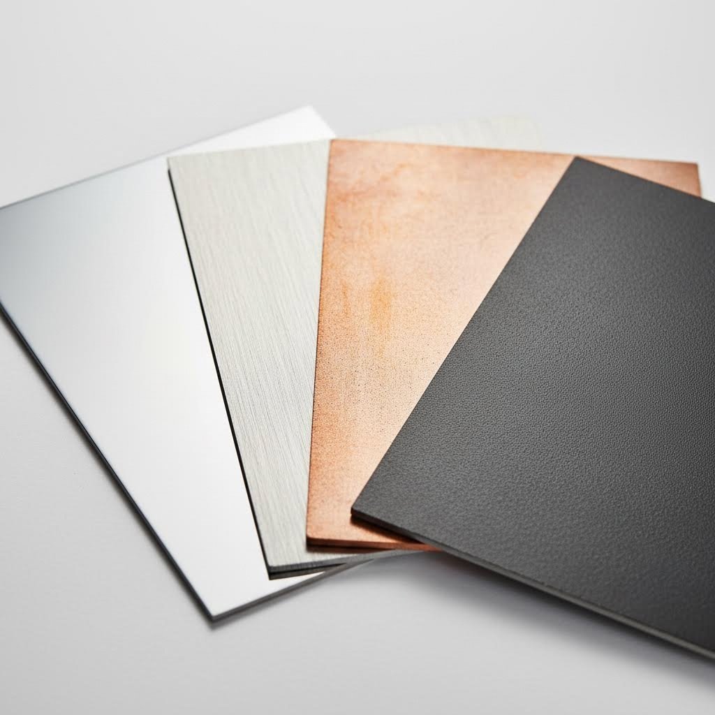 different metal sheet materials displaying unique surface finishes and colors