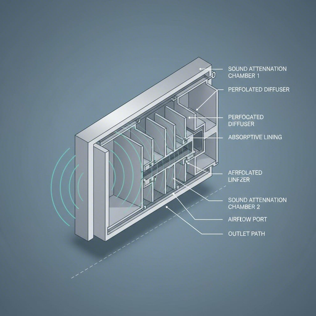 acoustic trickle vent internal structure showing sound dampening baffles