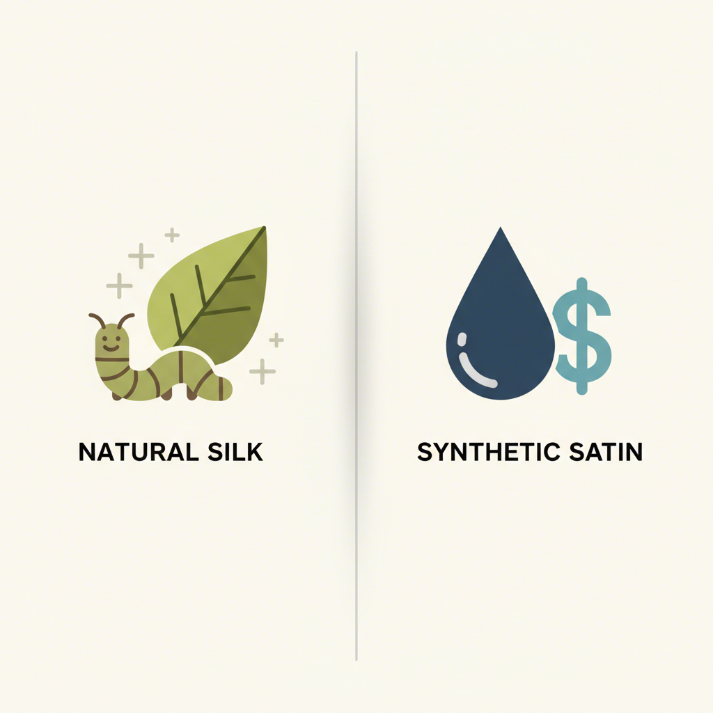 visual comparison of the natural origins of silk versus synthetic satin