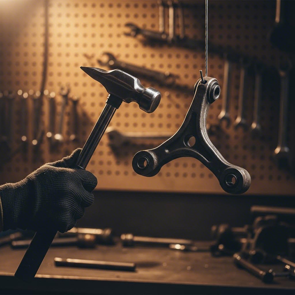 performing the tap test on a suspended control arm to identify material through acoustic response