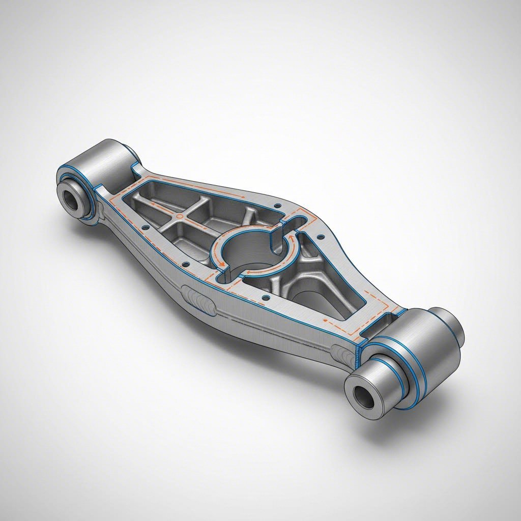structural geometry features revealing control arm manufacturing origin through parting lines and construction details