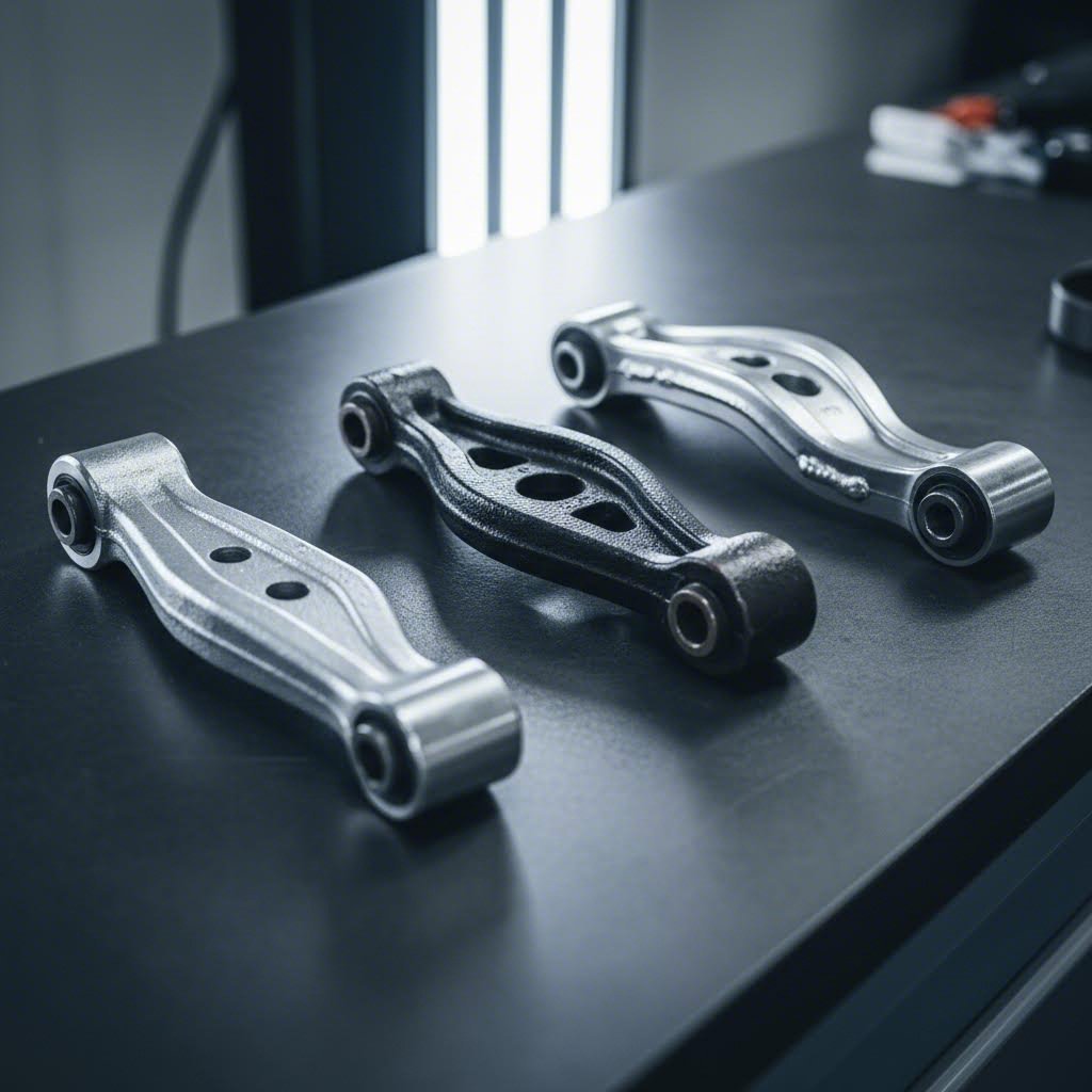 three control arm types showing distinct surface textures and construction methods for easy identification