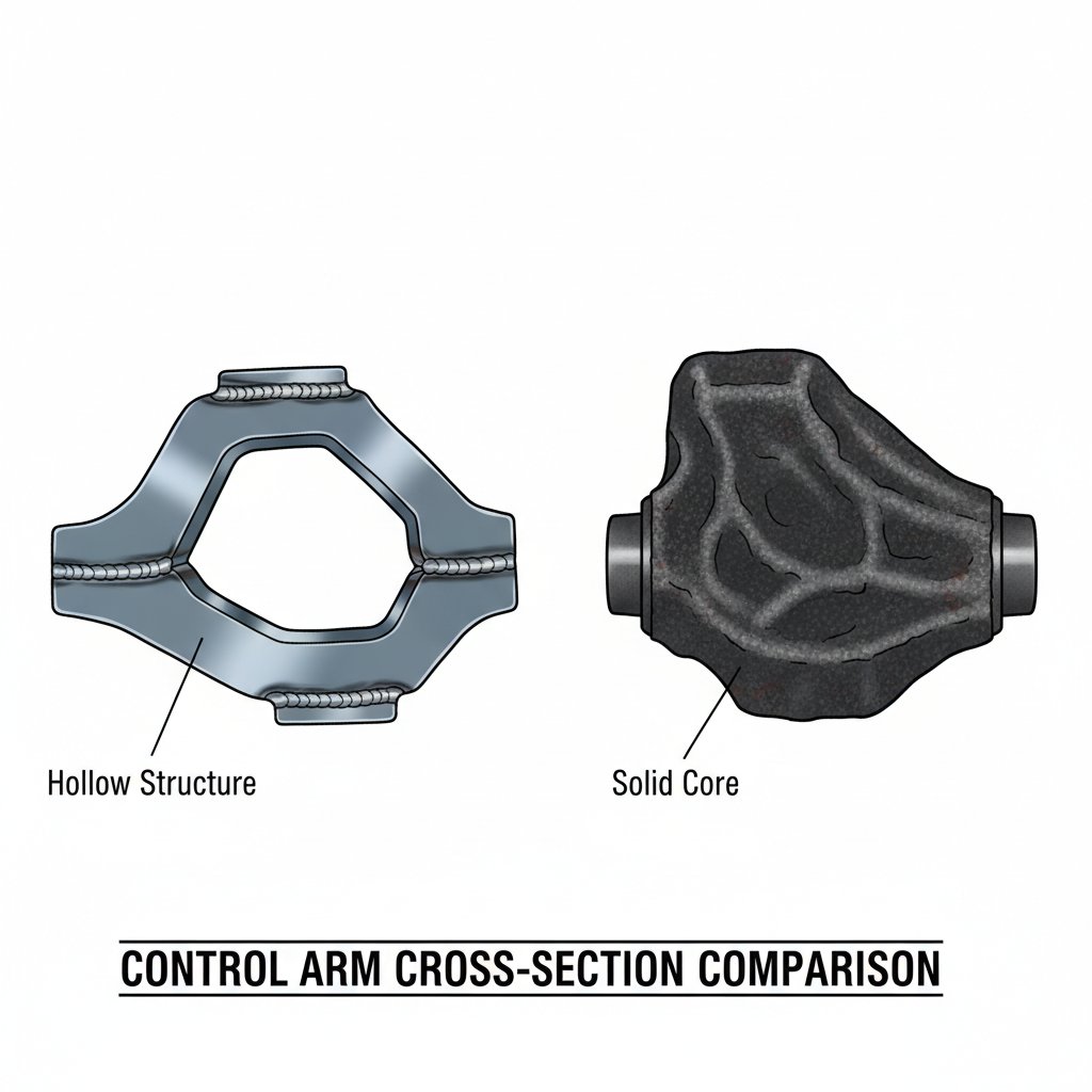 cross section comparison of a hollow stamped steel control arm and a solid cast iron arm