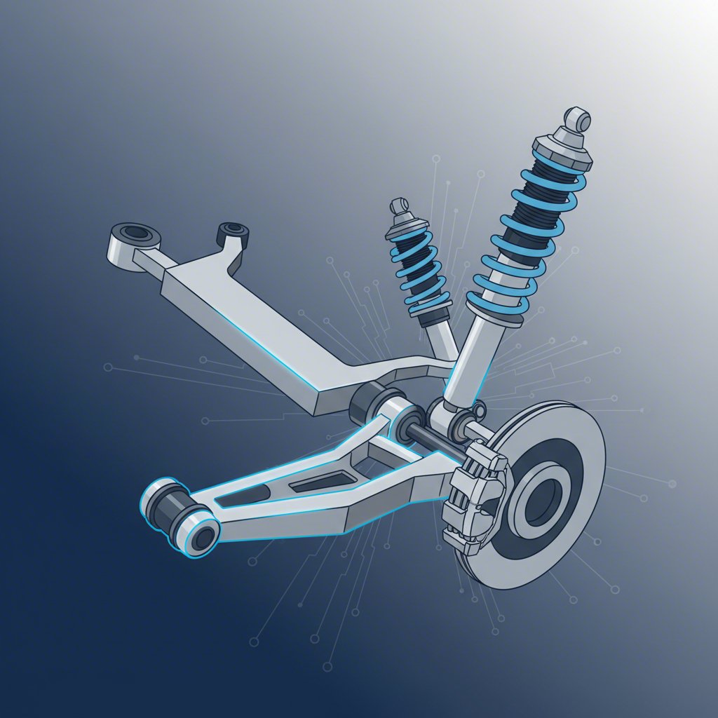 stylized diagram of a vehicles suspension system highlighting the control arm