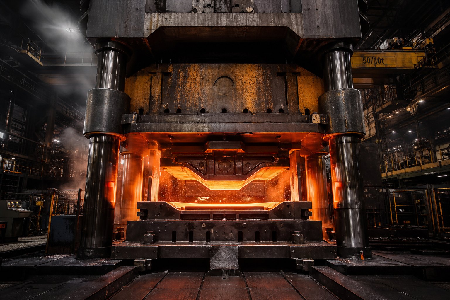 info-1-1 large format die stamping press delivering hundreds of tons of force to shape oversized metal components