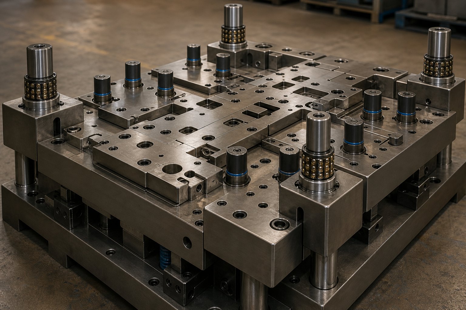info-1-1 large format stamping die featuring four post guide system and multi cylinder nitrogen spring layout for uniform pressure