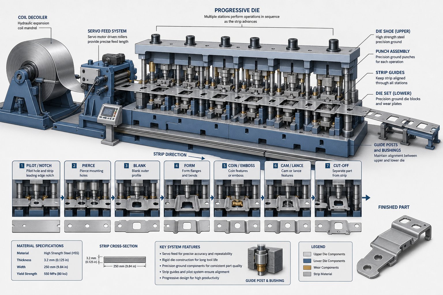 info-1-1 progressive die system feeding wide strip stock through multiple forming stations for large part production