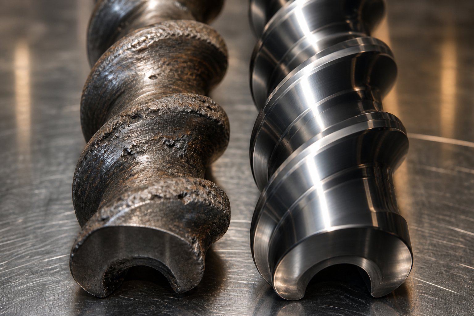 comparison of a worn screw element versus a new tungsten carbide coated replacement element