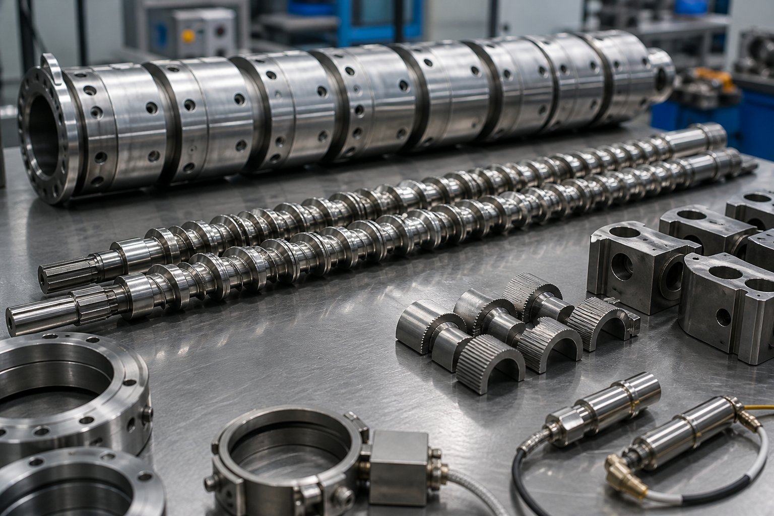 modular twin screw extruder parts including screw elements kneading blocks and barrel segments ready for assembly