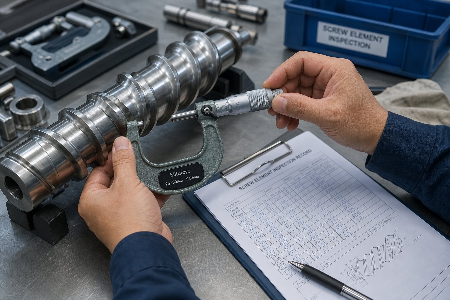 precision measurement of screw element outer diameter during a scheduled wear inspection