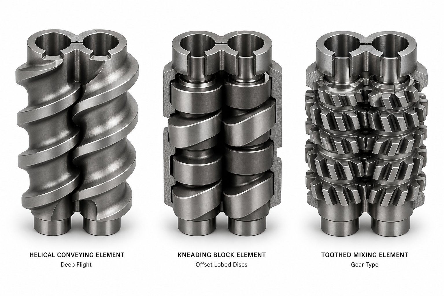 three primary screw element families conveying element kneading block and toothed mixing element