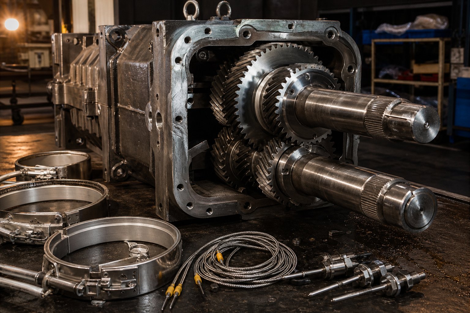 twin screw extruder gearbox with precision gear assembly and auxiliary components