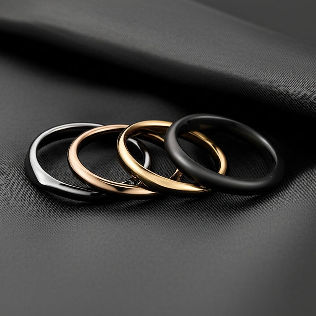 different black ring finishes showing pvd dlc and blackened gold styles