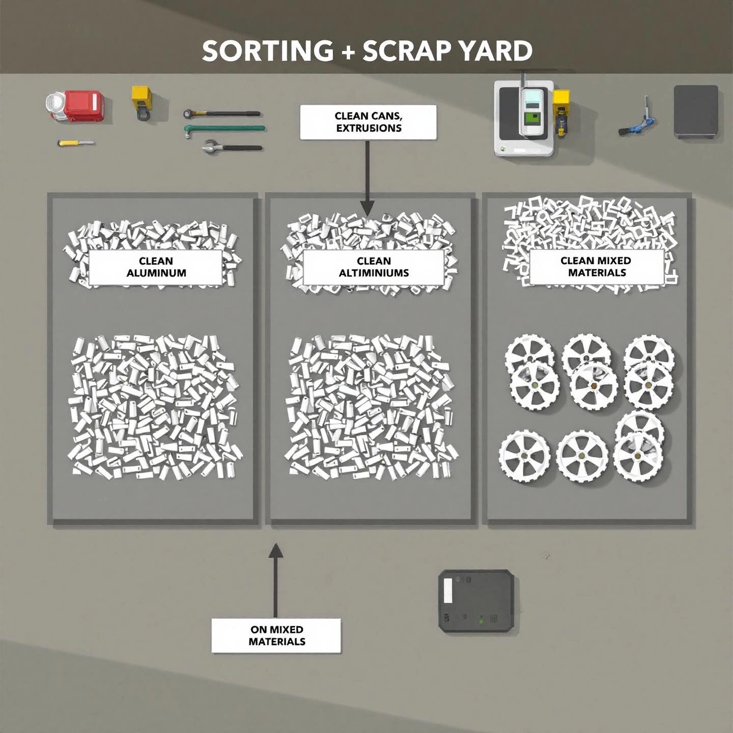 sorted aluminum scrap types at a yard showing how grading impacts price