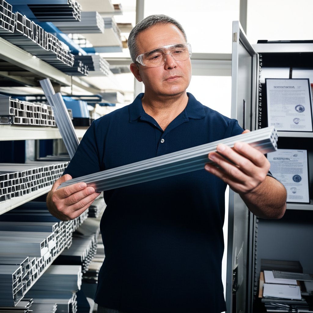 engineer inspecting certified aluminum profiles at a manufacturing facility