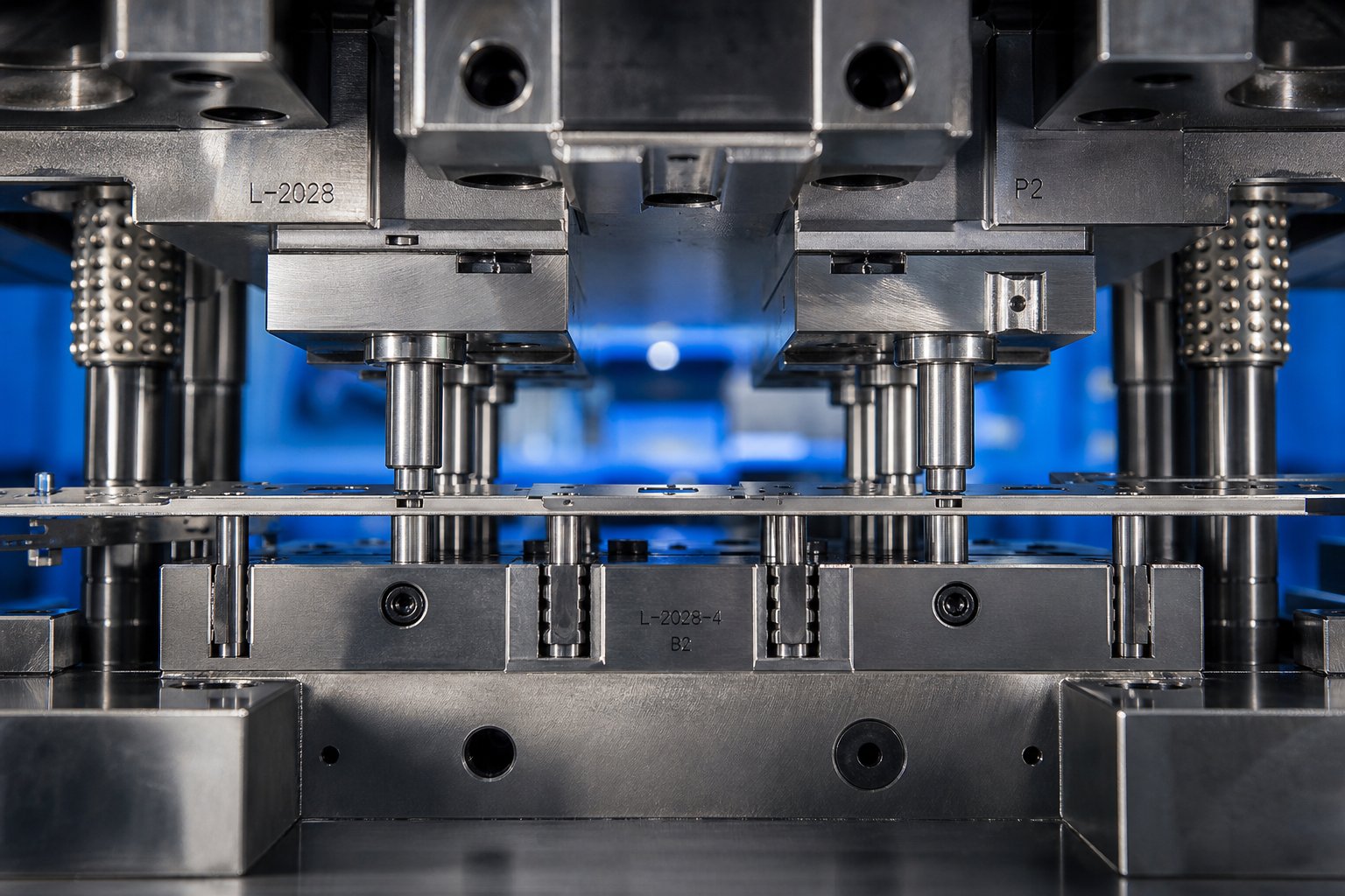 pilot pins engaging registration holes in a progressive die strip for precise station to station positioning