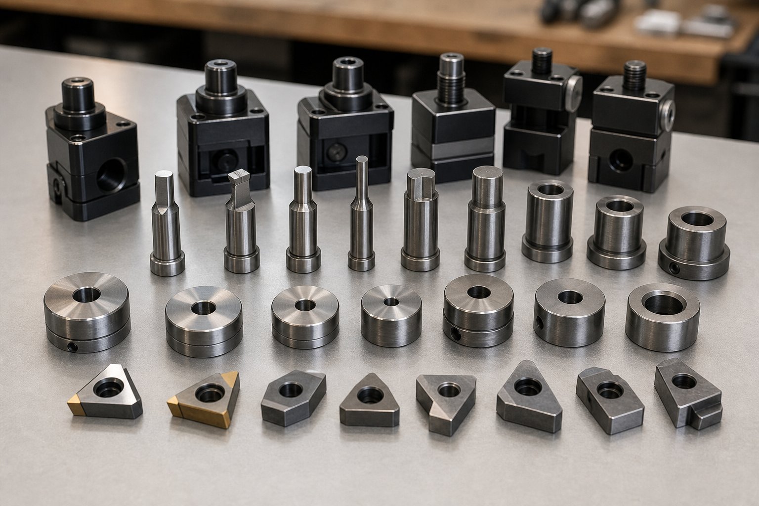 progressive die components including carbide inserts and tool steel punches selected for different wear and load conditions