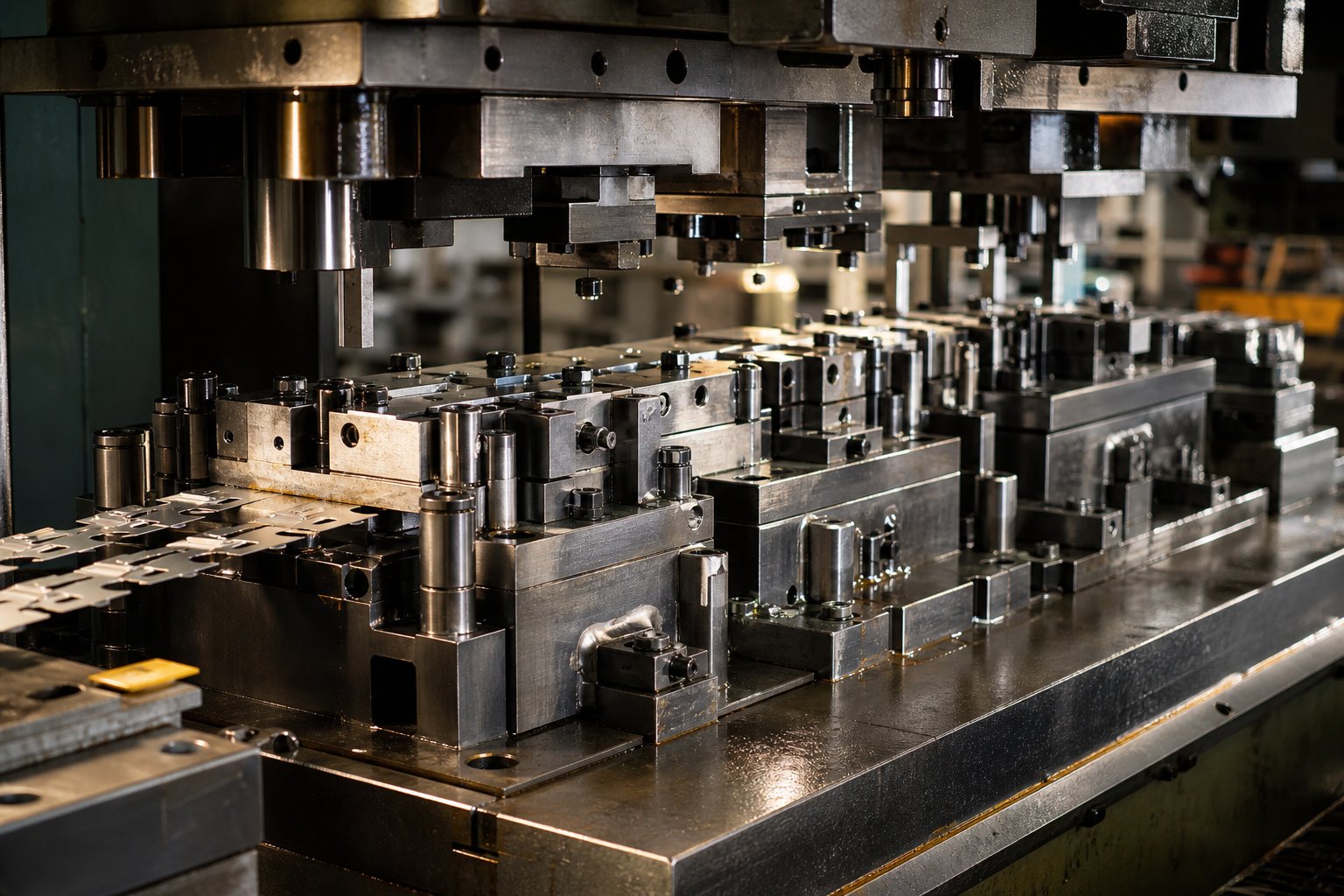 progressive stamping die with multiple stations performing sequential forming operations on a metal strip