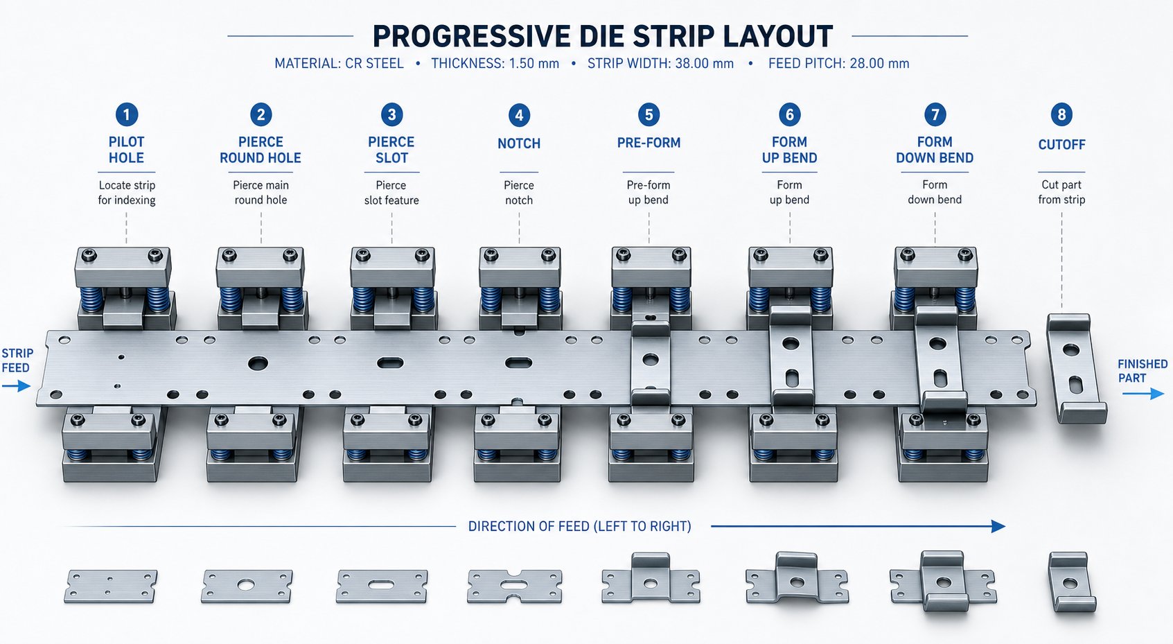 strip layout showing sequential station progression from raw coil material to finished stamped part
