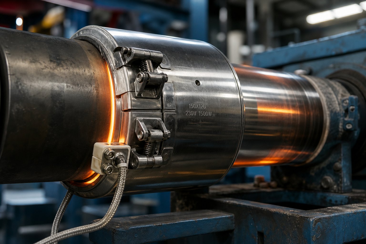 ceramic heater band clamped on an extruder barrel showing its stainless steel shell and clamping mechanism