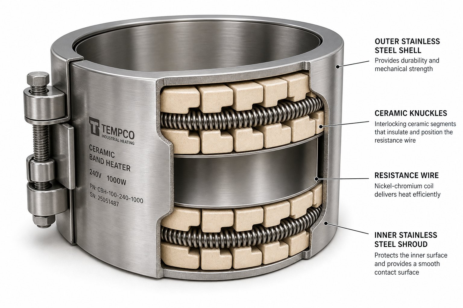 cutaway view of a ceramic band heater revealing its layered construction from outer shell to inner shroud