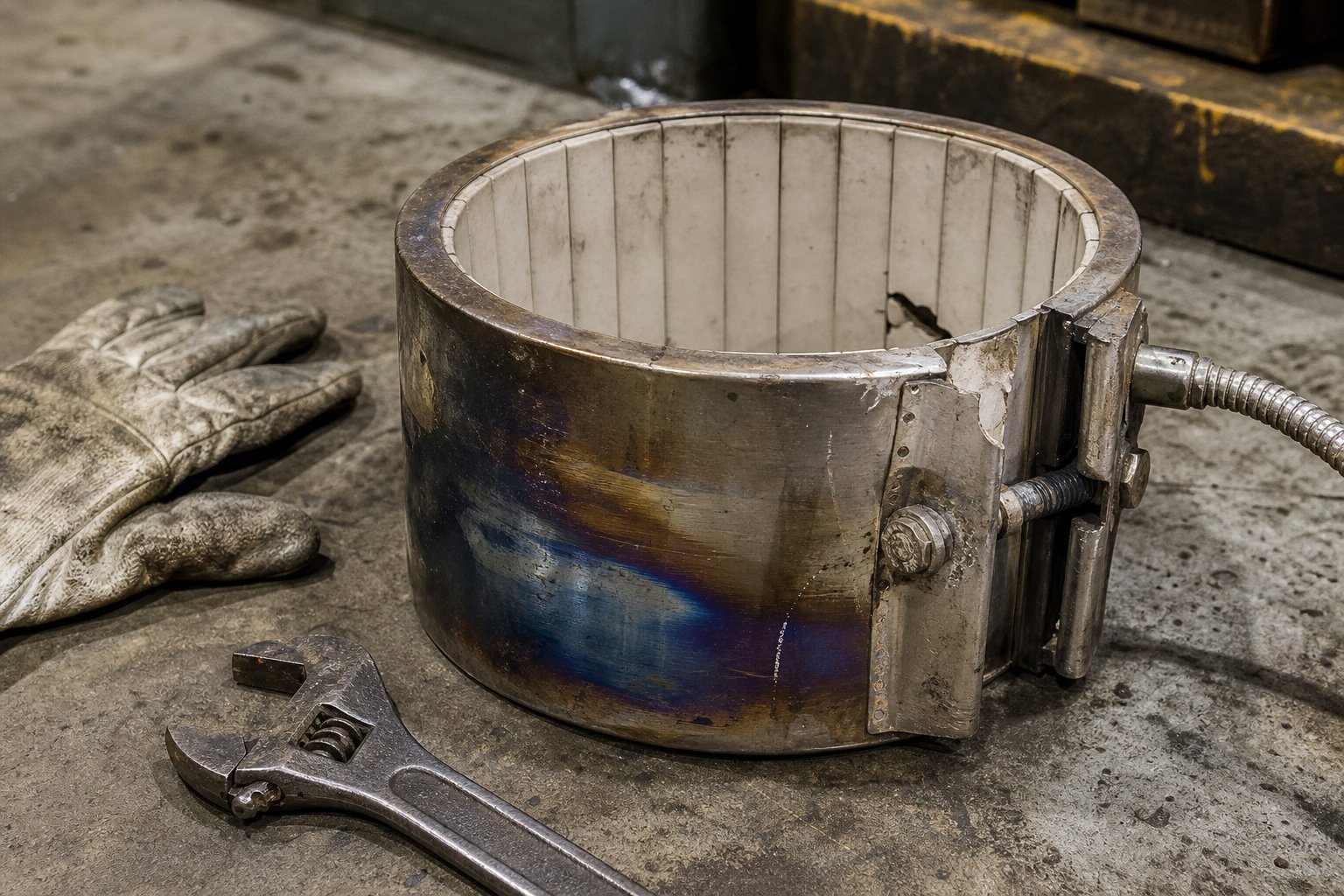 heat discolored ceramic band heater showing signs of localized overheating and wear after extended service