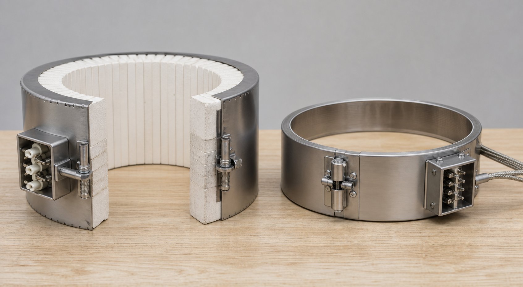 side by side comparison of a ceramic band heater and a mica band heater highlighting their structural differences