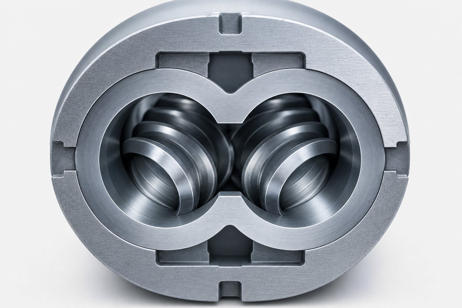 cross section view of a twin screw extruder barrel revealing the figure eight bore profile where two intermeshing screws operate