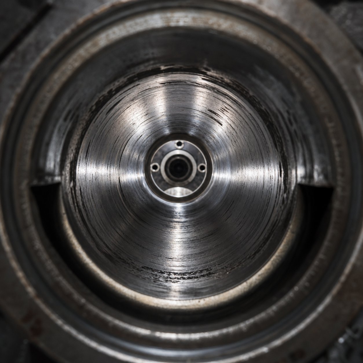 interior view of a worn twin screw extruder barrel bore showing surface erosion from abrasive filler contact during compounding operations