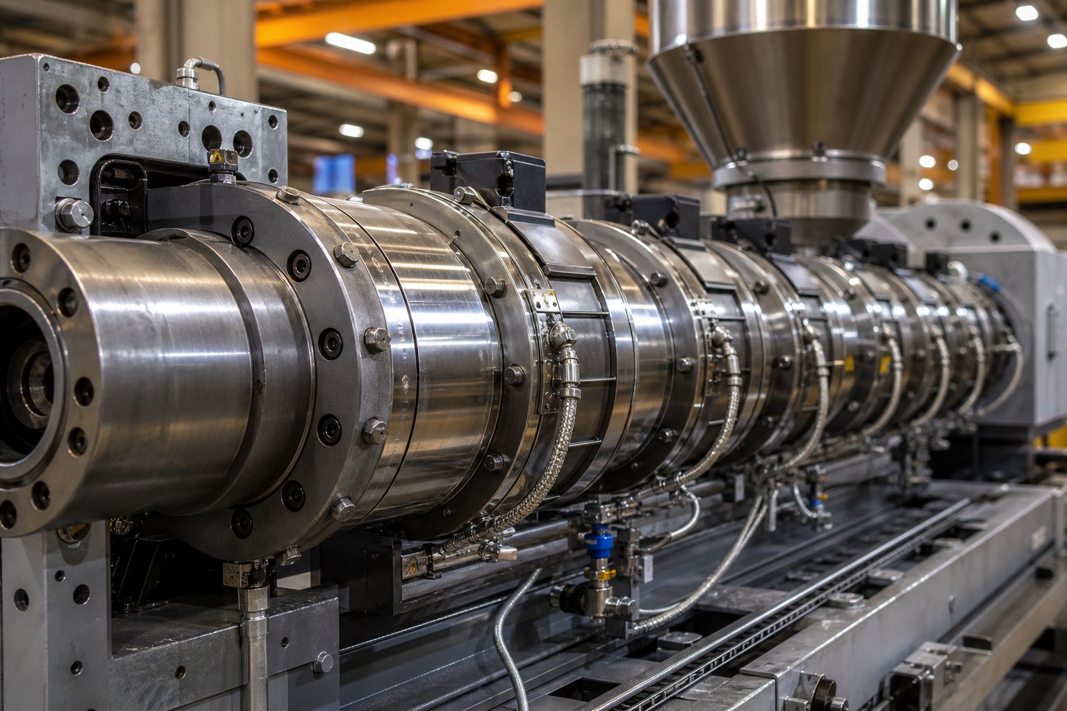 modular twin screw extruder barrel segments assembled in sequence showing precision bored steel housing with heating and cooling infrastructure