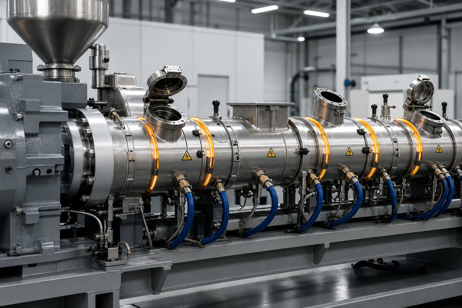 twin screw extruder barrel with individually controlled temperature zones vent ports and side feeder openings along the process length