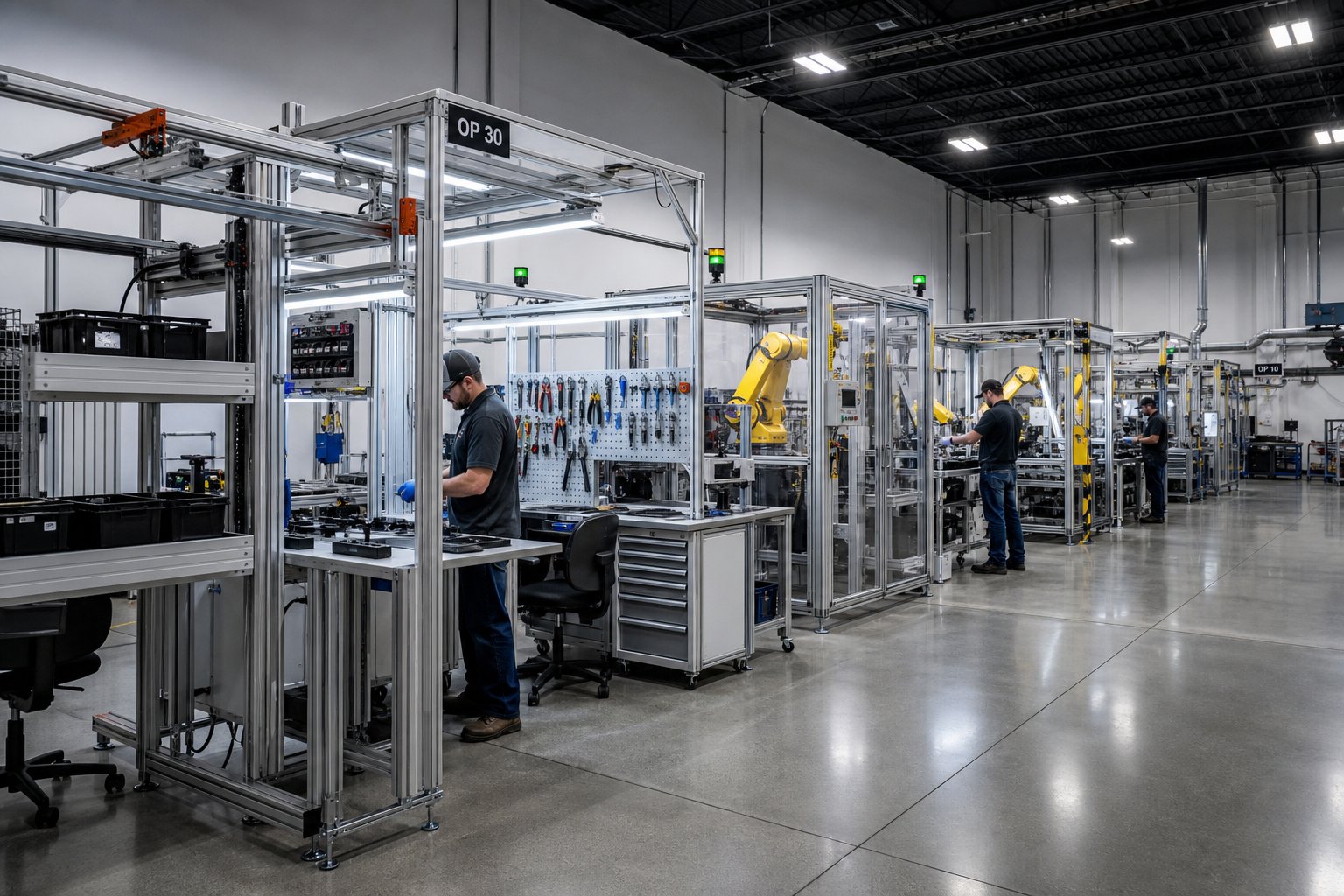 t slot aluminum framing systems creating modular workstations and safety enclosures in automated manufacturing