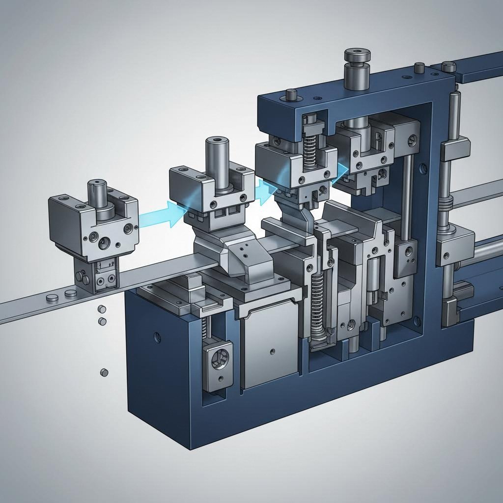 progressive die stations perform sequential operations as metal strip advances through the tool