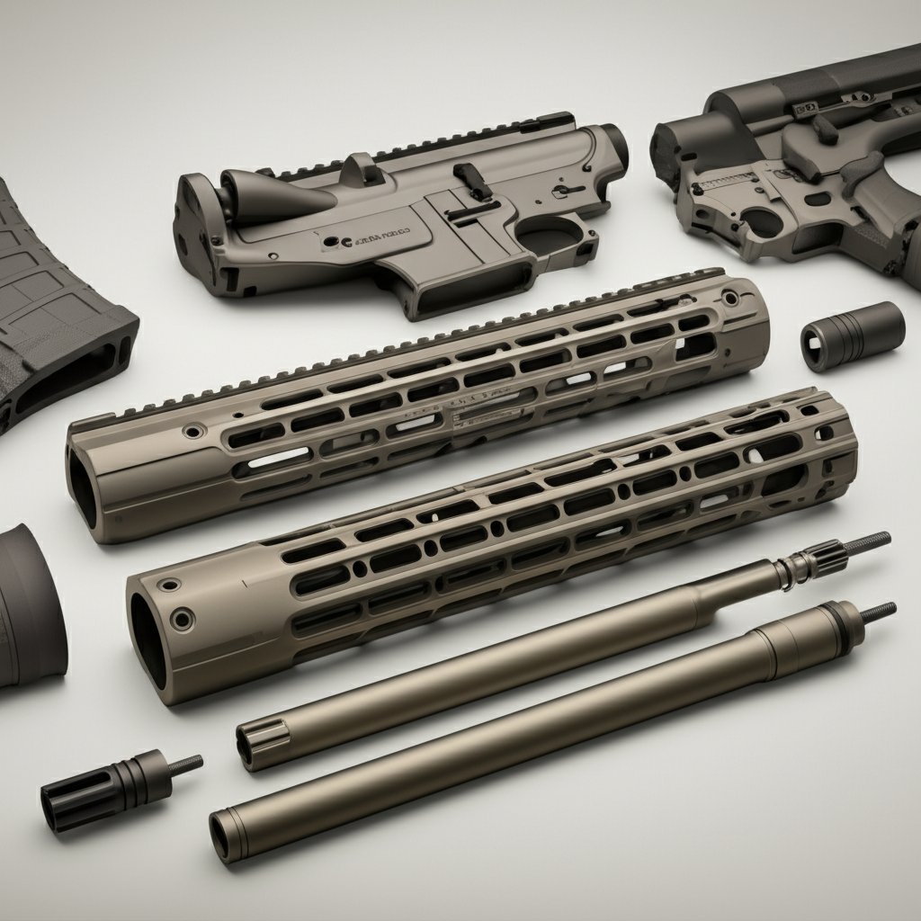 clear anodized ar15 parts displayed with metallic finish