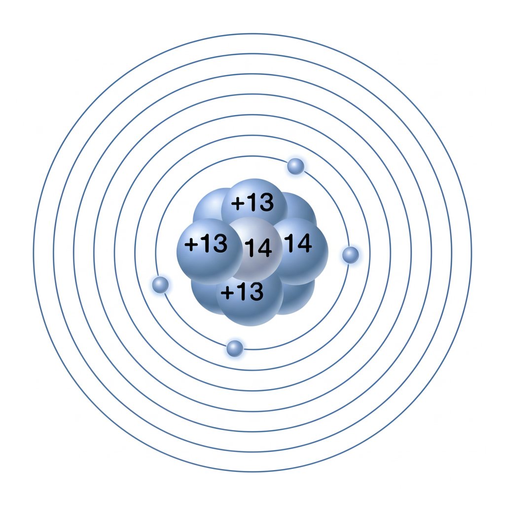 diagram of aluminum's atomic structure with protons neutrons and electron shells