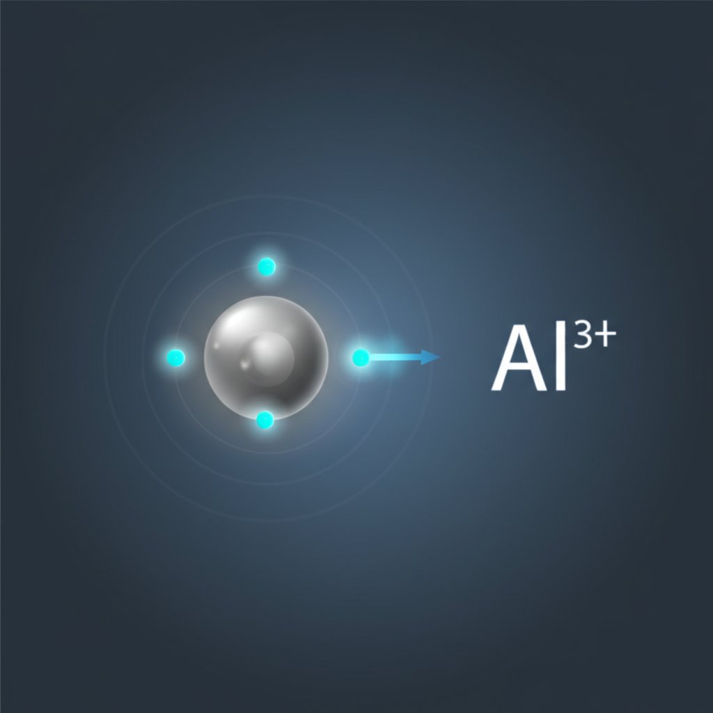 visual sequence of aluminum atom losing electrons to form a +3 cation