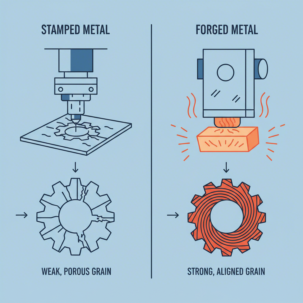 infographic illustrating the manufacturing process of stamped versus forged steel