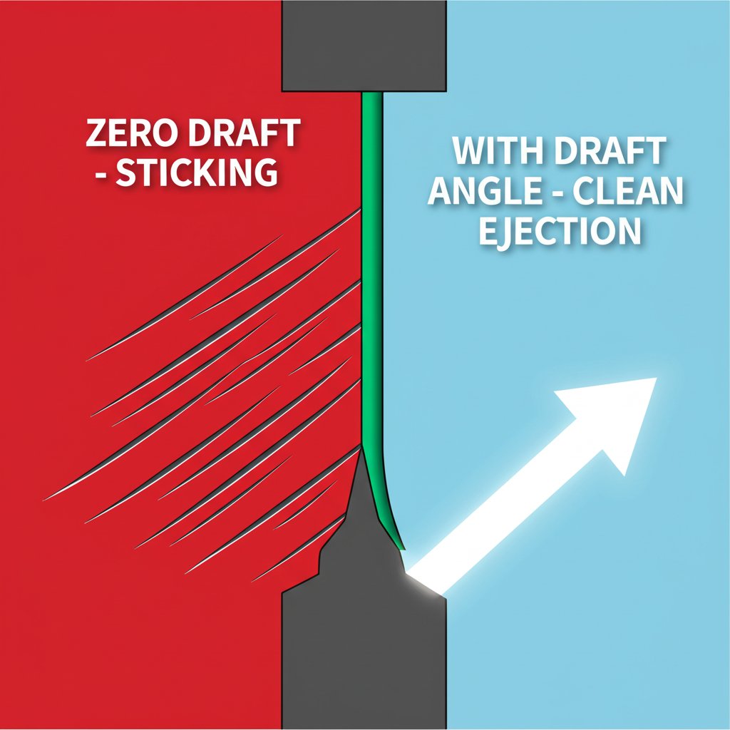 diagram comparing the effects of zero draft versus a proper draft angle during part ejection