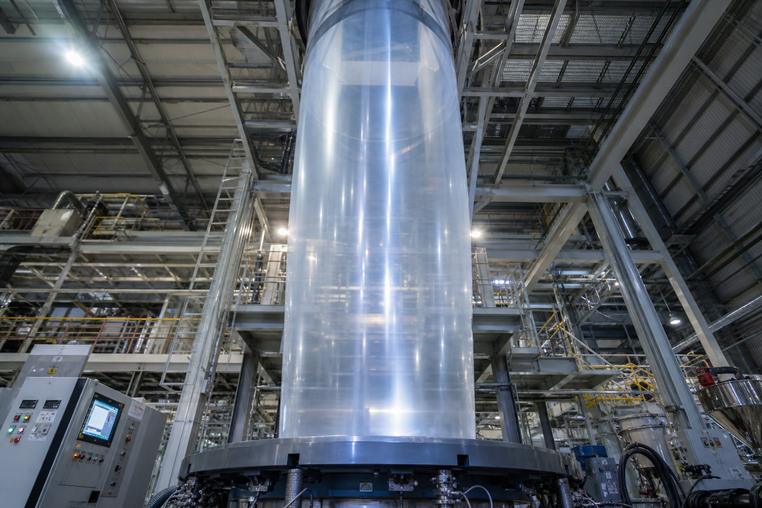 a blown film extrusion bubble rising through the tower of a modern production line