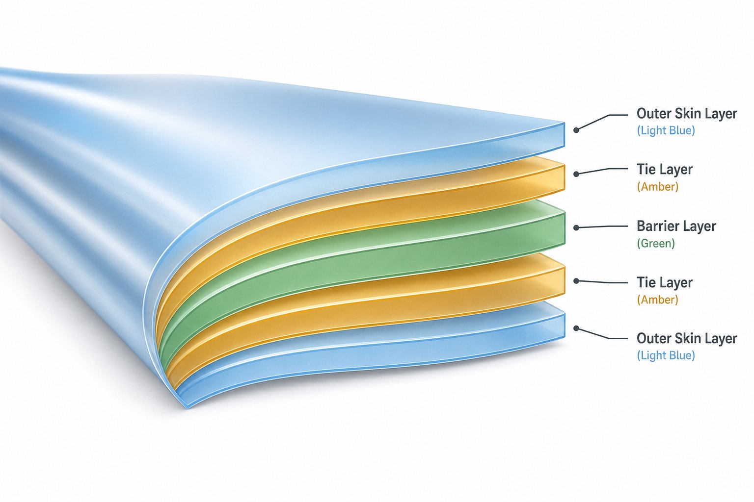 a conceptual cross section of a 5 layer co extruded blown film structure with barrier and tie layers
