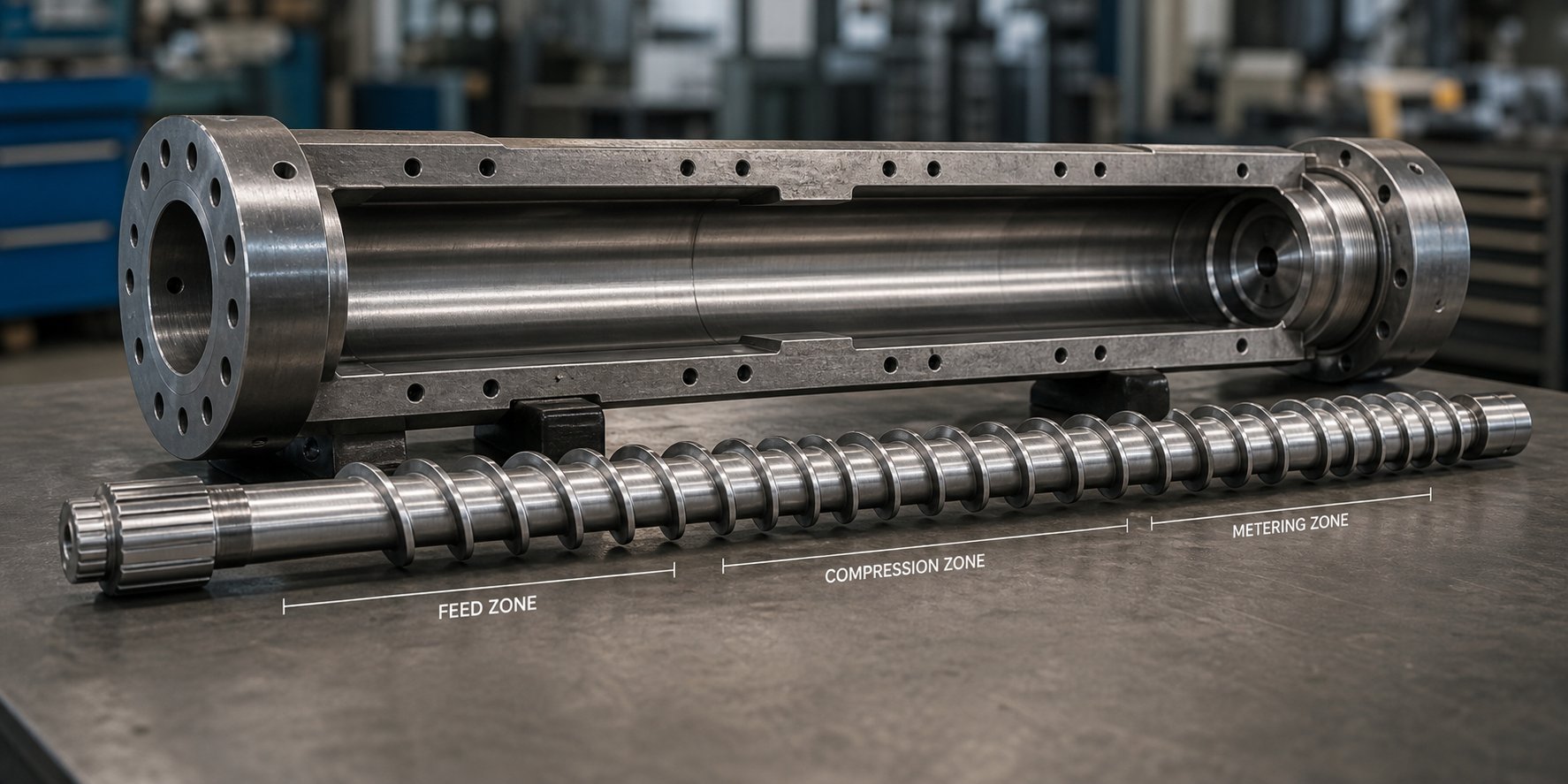 a precision machined single screw and barrel assembly %E2%80%94 the core component driving melt quality in blown film lines