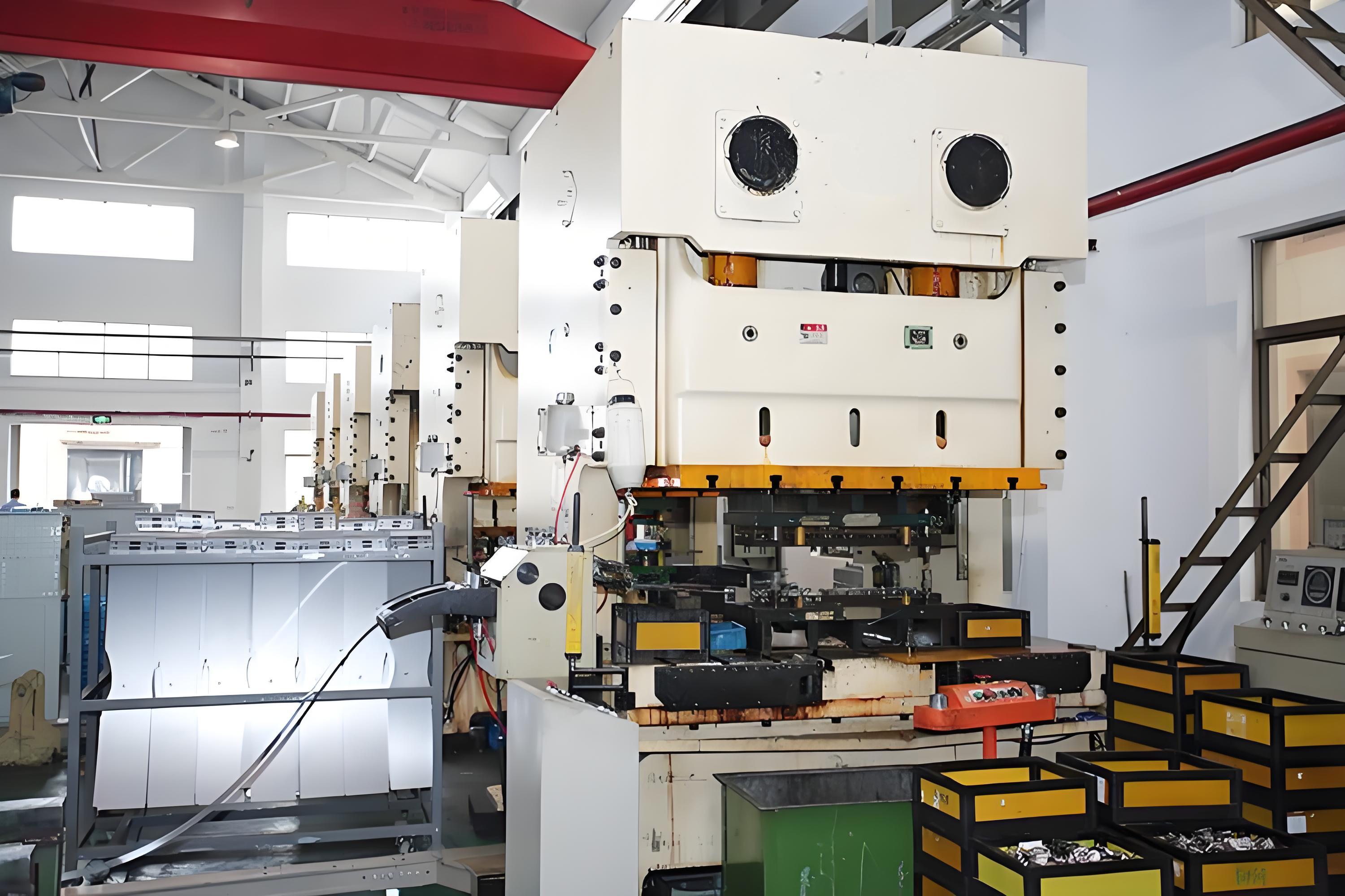 industrial aluminum metal stamping press shaping sheet metal into precise components