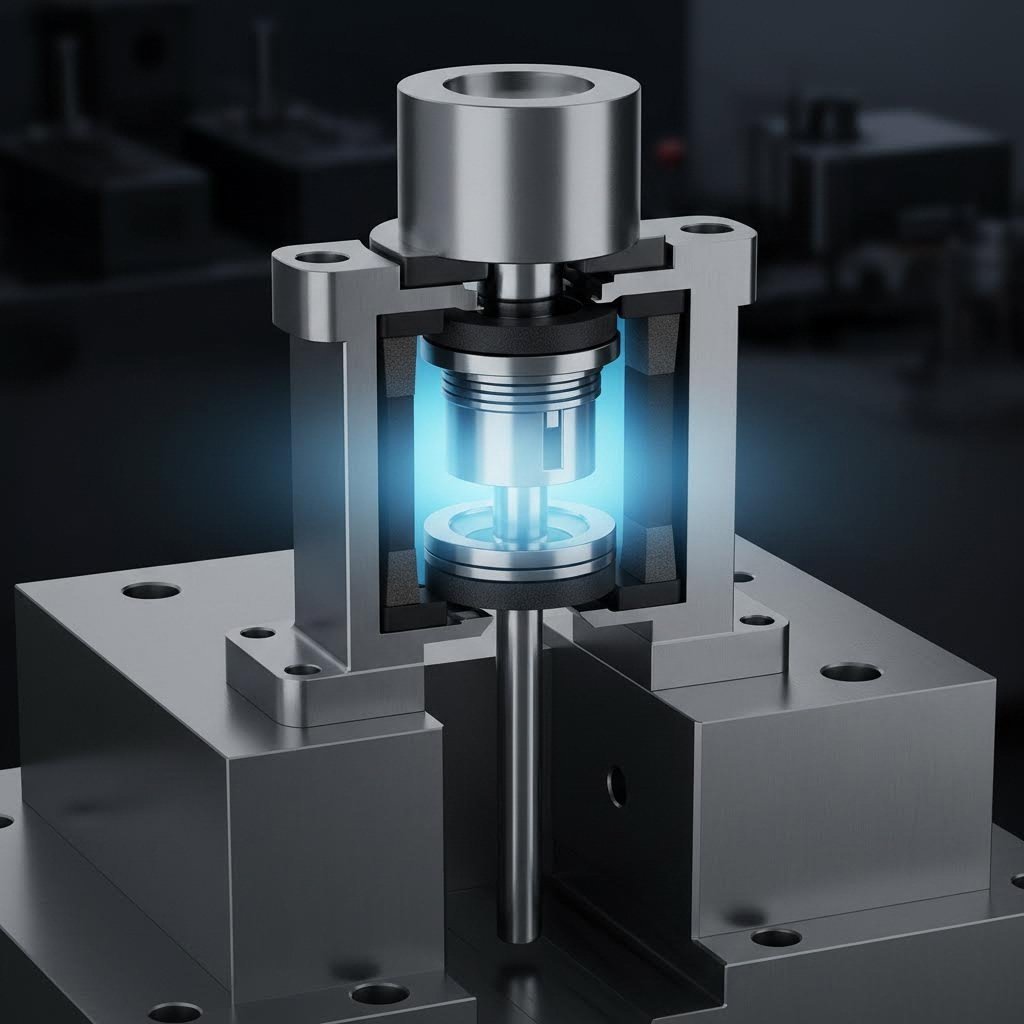Cutaway view of a nitrogen gas spring showing internal high pressure components