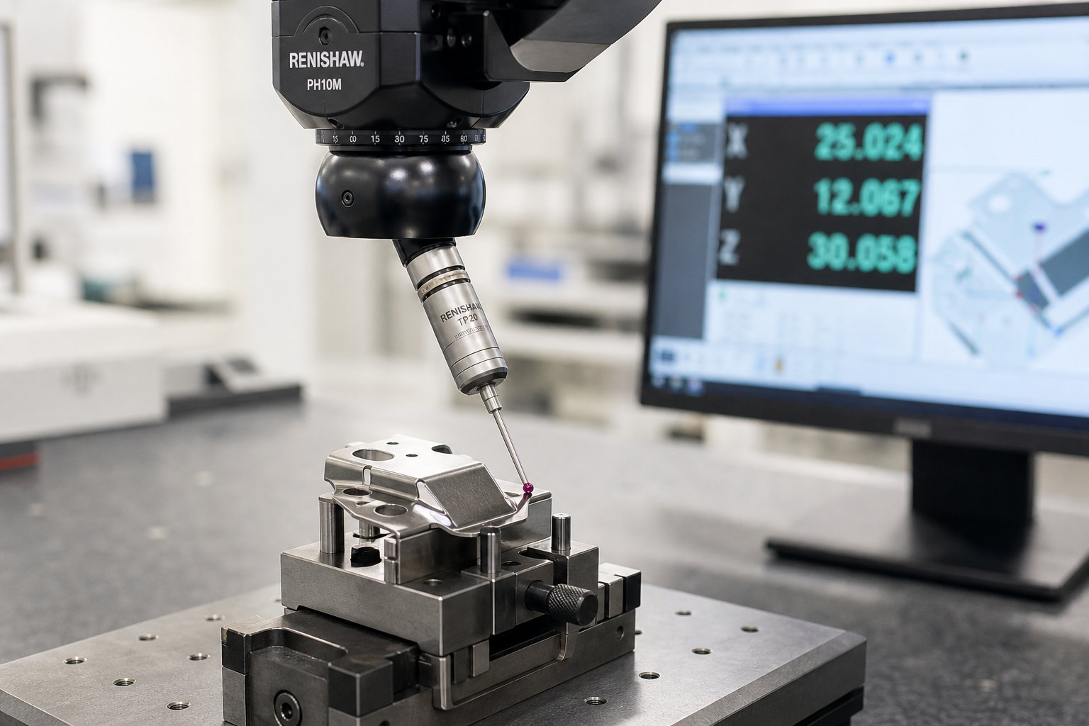 cmm inspection of a precision stamped component verifying dimensional accuracy against drawing tolerances
