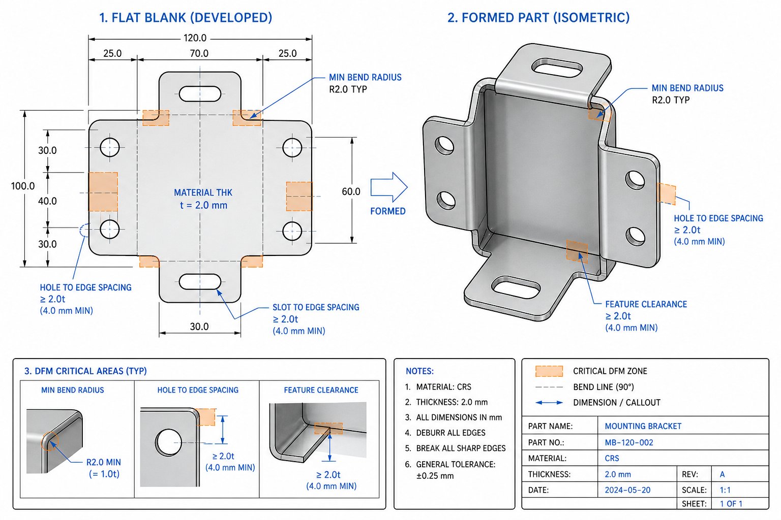 design for manufacturability guidelines showing critical dimensions and spacing rules for precision stamped parts