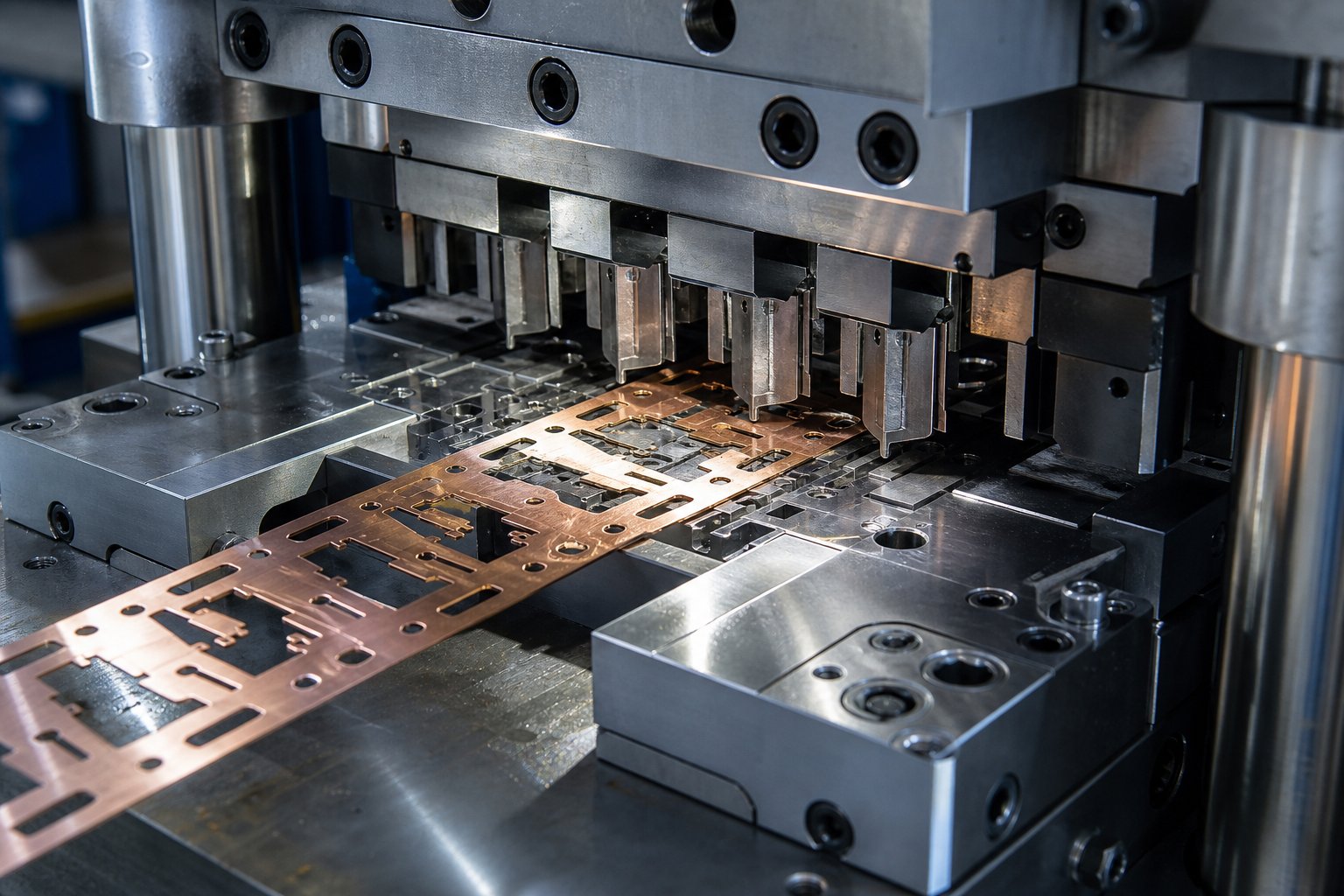 precision progressive stamping die with carbide inserts processing copper alloy strip stock through multiple forming stations