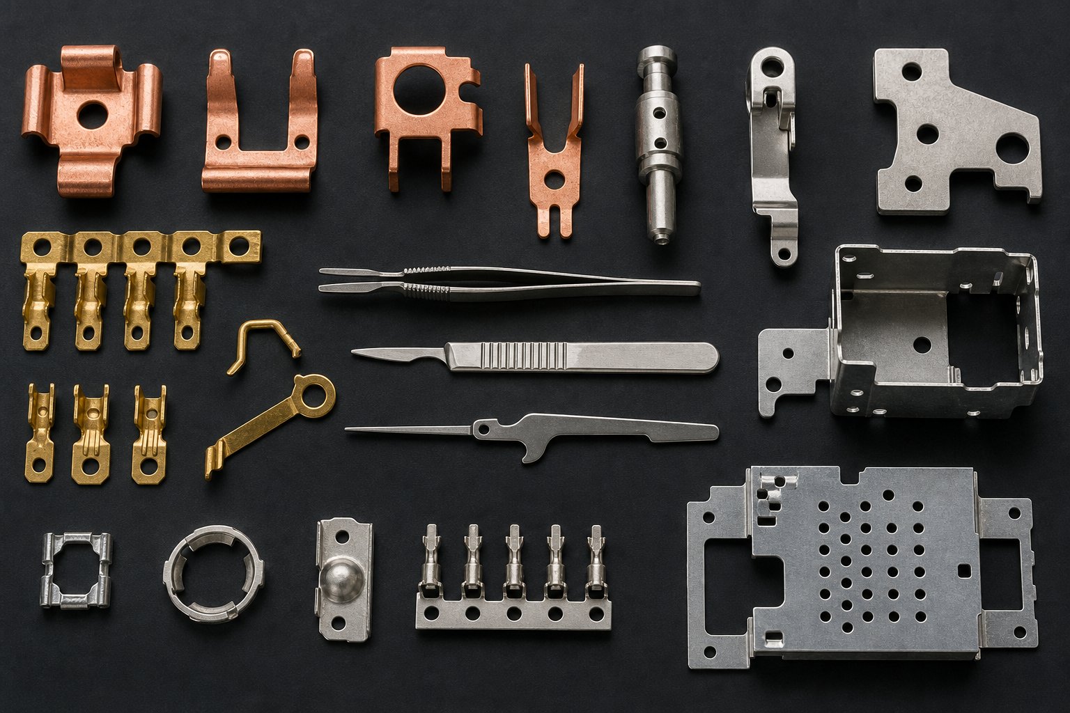 precision stamped components in copper stainless steel brass and aluminum showing clean edges and tight dimensional features