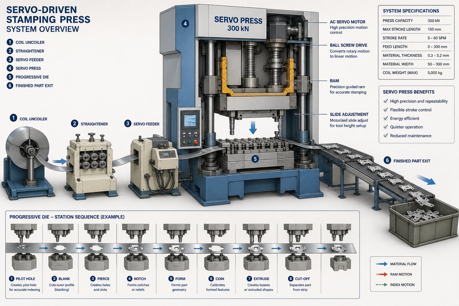 servo driven stamping press with progressive die showing material flow from coil feed through sequential forming stations